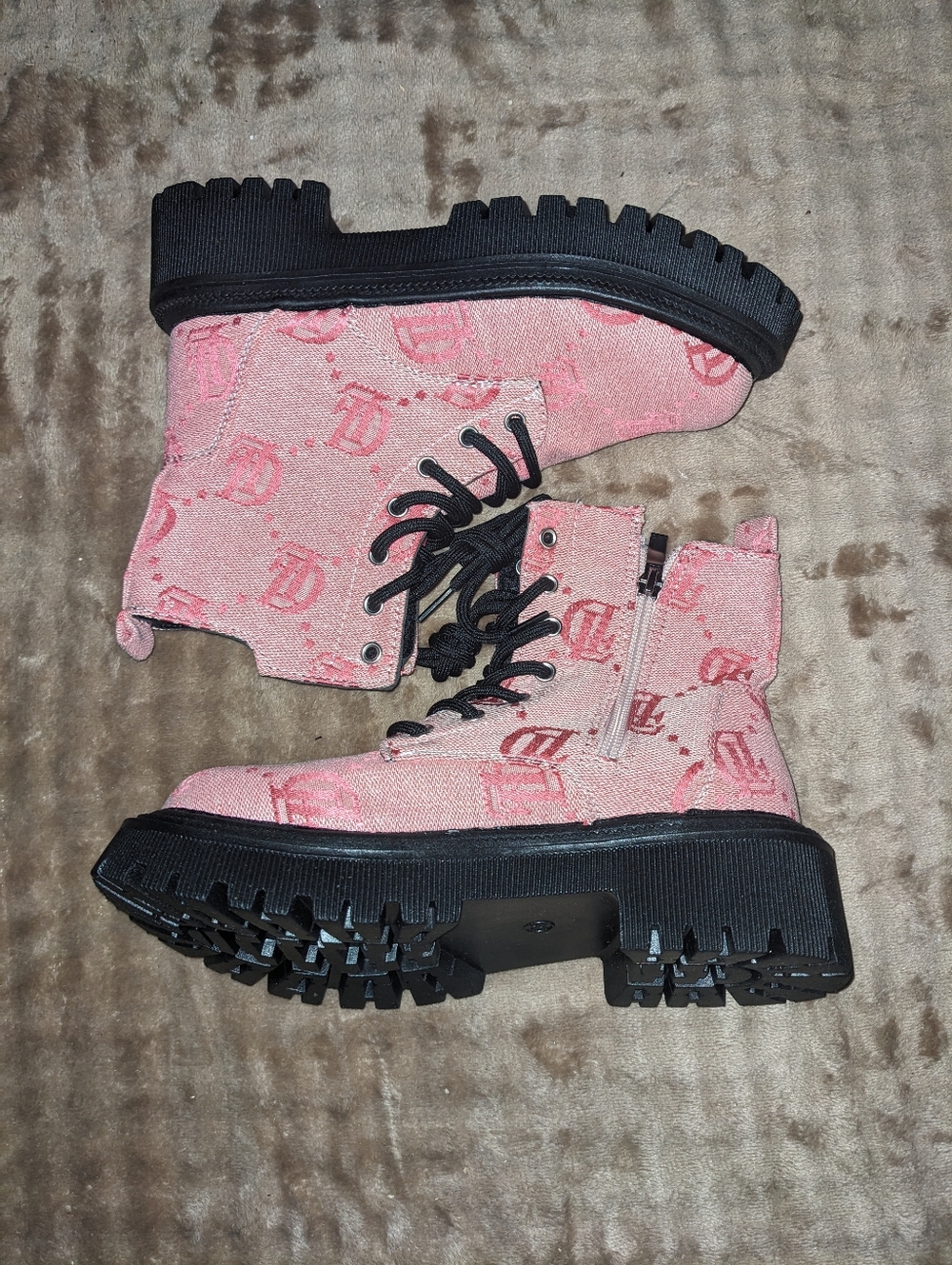 Pink Monogram Combat Boots with Chunky Black Platform Size 4 Girl 35
